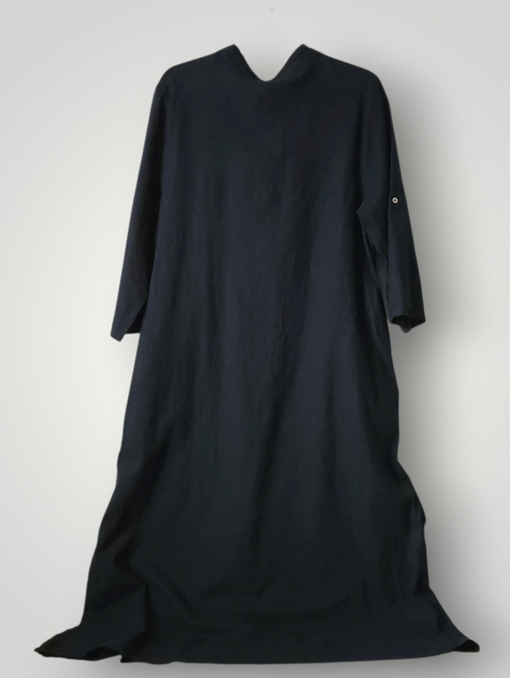 Francesca Bettini Made in Italy Linen Maxi Dress Large Navy Band Collar Button - Picture 3 of 11